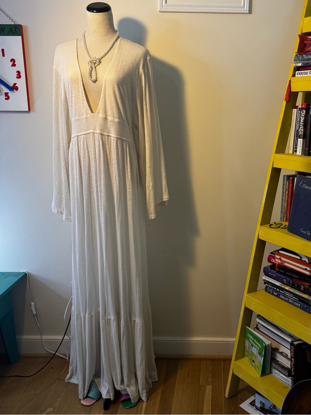 FP Beach Long Sleeve V-Neck Maxi Dress - White/Cream